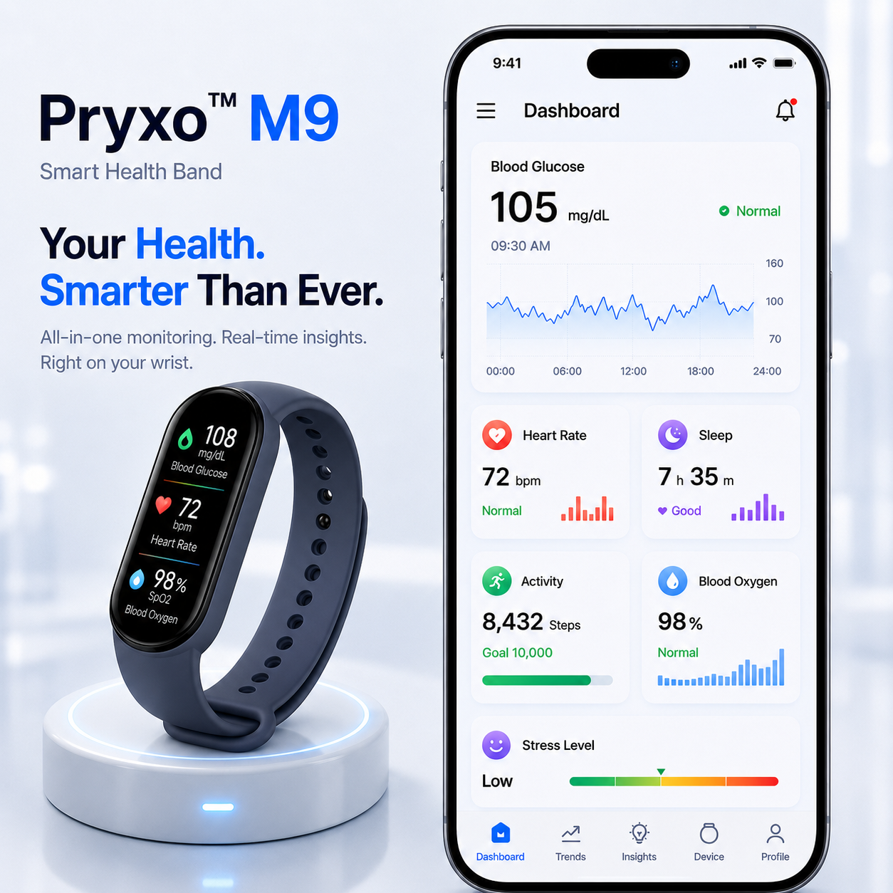 🔥60% OFF Launch Offer 🏆 2026 Pryxo™ M9 Non-Invasive Smart Band │12 health reports │ No-Prick📈