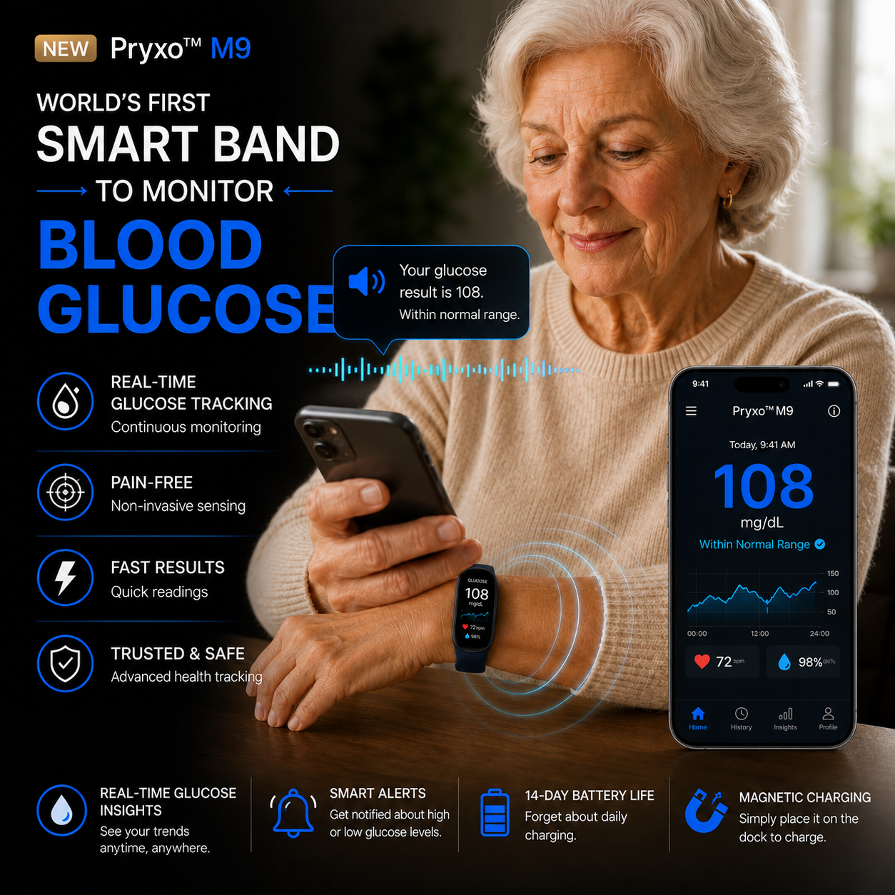 🔥60% OFF Launch Offer 🏆 2026 Pryxo™ M9 Non-Invasive Smart Band │12 health reports │ No-Prick📈
